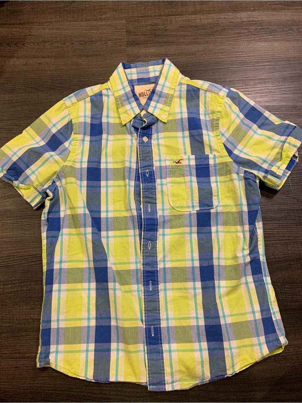 Hollister Men’s Short Sleeve Plaid Button-Down Shirt - Yellow, Blue & White